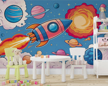 Load image into Gallery viewer, Galaxy Planet Wall Graphics Rocket Peel and Stick Kids room Wallpaper Nursery Self Adhesive Rocket Nursery Stars wall decor Mural 599LU