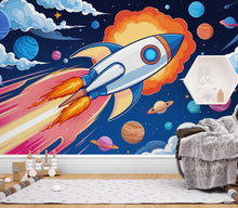 Load image into Gallery viewer, Galaxy Planet Wall Graphics Rocket Peel and Stick Kids room Wallpaper Nursery Self Adhesive Rocket Nursery Stars wall decor Mural 600LU