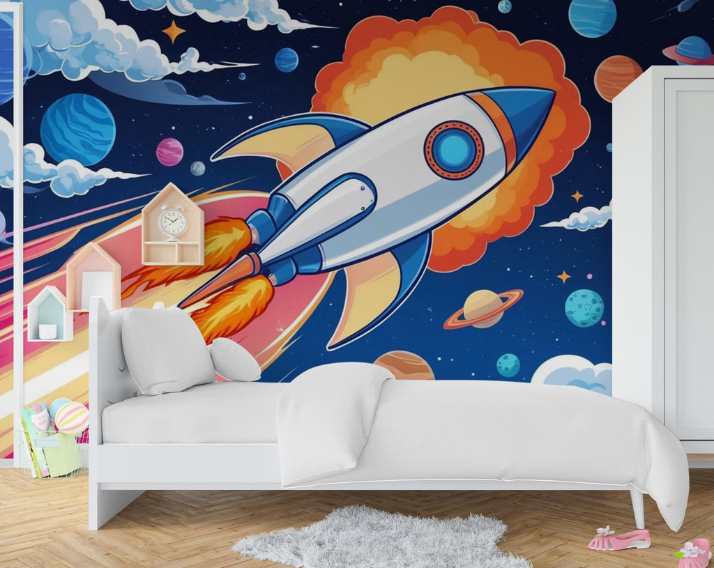 Galaxy Planet Wall Graphics Rocket Peel and Stick Kids room Wallpaper Nursery Self Adhesive Rocket Nursery Stars wall decor Mural 600LU