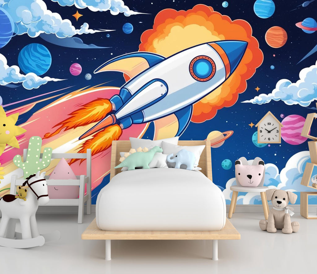 Galaxy Planet Wall Graphics Rocket Peel and Stick Kids room Wallpaper Nursery Self Adhesive Rocket Nursery Stars wall decor Mural 600LU