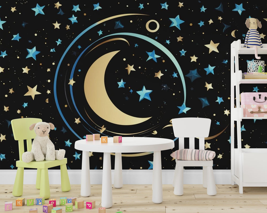 Peel & Stick Starry Night Sky Wallpaper – Crescent Moon and Stars Design for Bedroom, Nursery, Kids Rooms and living room 601LU