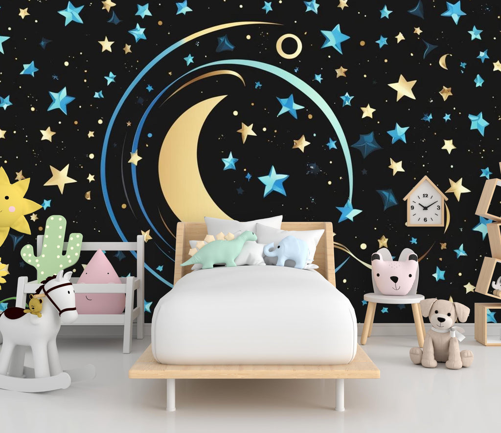 Peel & Stick Starry Night Sky Wallpaper – Crescent Moon and Stars Design for Bedroom, Nursery, Kids Rooms and living room 601LU