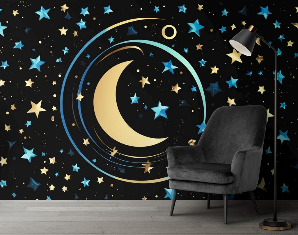 Peel & Stick Starry Night Sky Wallpaper – Crescent Moon and Stars Design for Bedroom, Nursery, Kids Rooms and living room 601LU