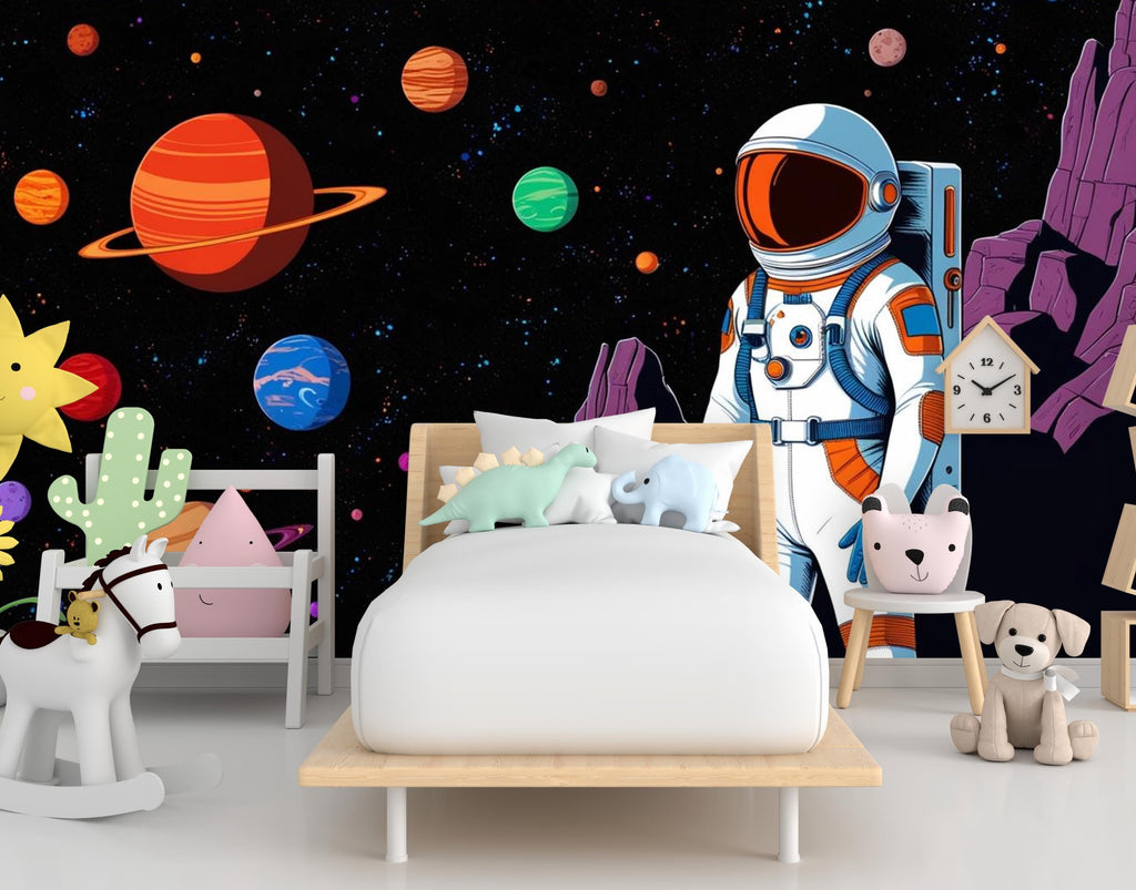 Astronaut on Moon with Solar System Planets - Stunning Digital Space Art - Sci-Fi Outer Space Wallpaper for Home, Kids Room Decor 603LU