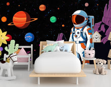 Load image into Gallery viewer, Astronaut on Moon with Solar System Planets - Stunning Digital Space Art - Sci-Fi Outer Space Wallpaper for Home, Kids Room Decor 603LU