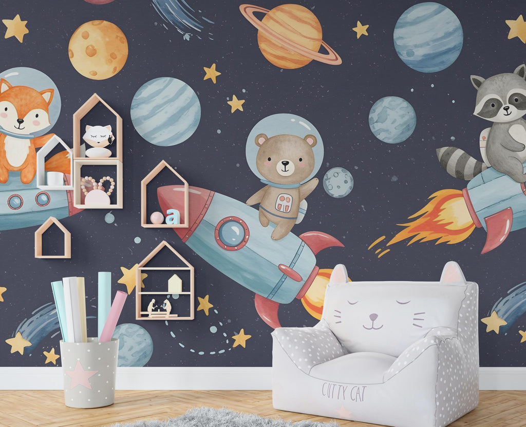 Space Animals on Rocket Wall Decal | Space Wall Mural | Outer Space Wallpaper | Stars and Planets Wall Art | Astronomy Room Decor 594RS
