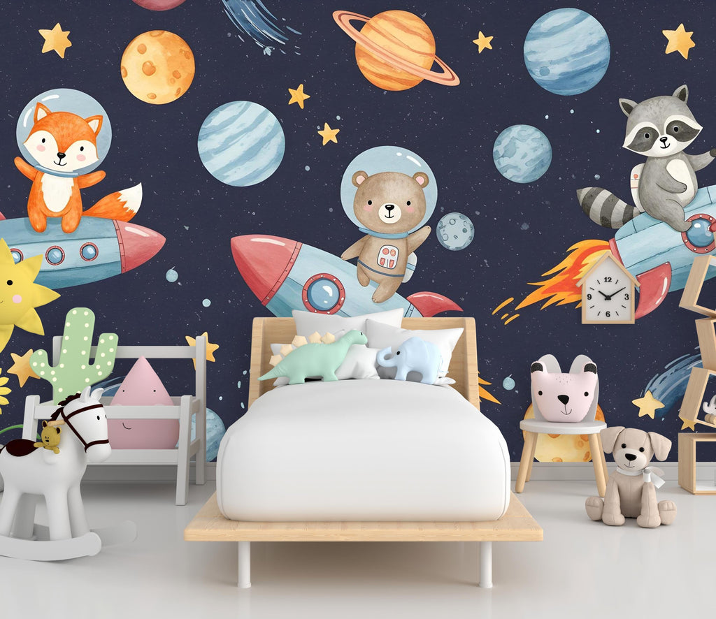 Space Animals on Rocket Wall Decal | Space Wall Mural | Outer Space Wallpaper | Stars and Planets Wall Art | Astronomy Room Decor 594RS