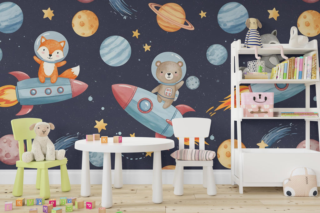 Space Animals on Rocket Wall Decal | Space Wall Mural | Outer Space Wallpaper | Stars and Planets Wall Art | Astronomy Room Decor 594RS