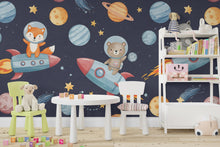 Load image into Gallery viewer, Space Animals on Rocket Wall Decal | Space Wall Mural | Outer Space Wallpaper | Stars and Planets Wall Art | Astronomy Room Decor 594RS
