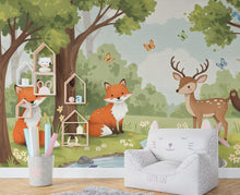 Load image into Gallery viewer, Forest Animals Wall Graphics Bear Fox Deer Peel and Stick Girl room Forest Wallpaper Nursery Self Adhesive Nursery wall decor Mural 595RS
