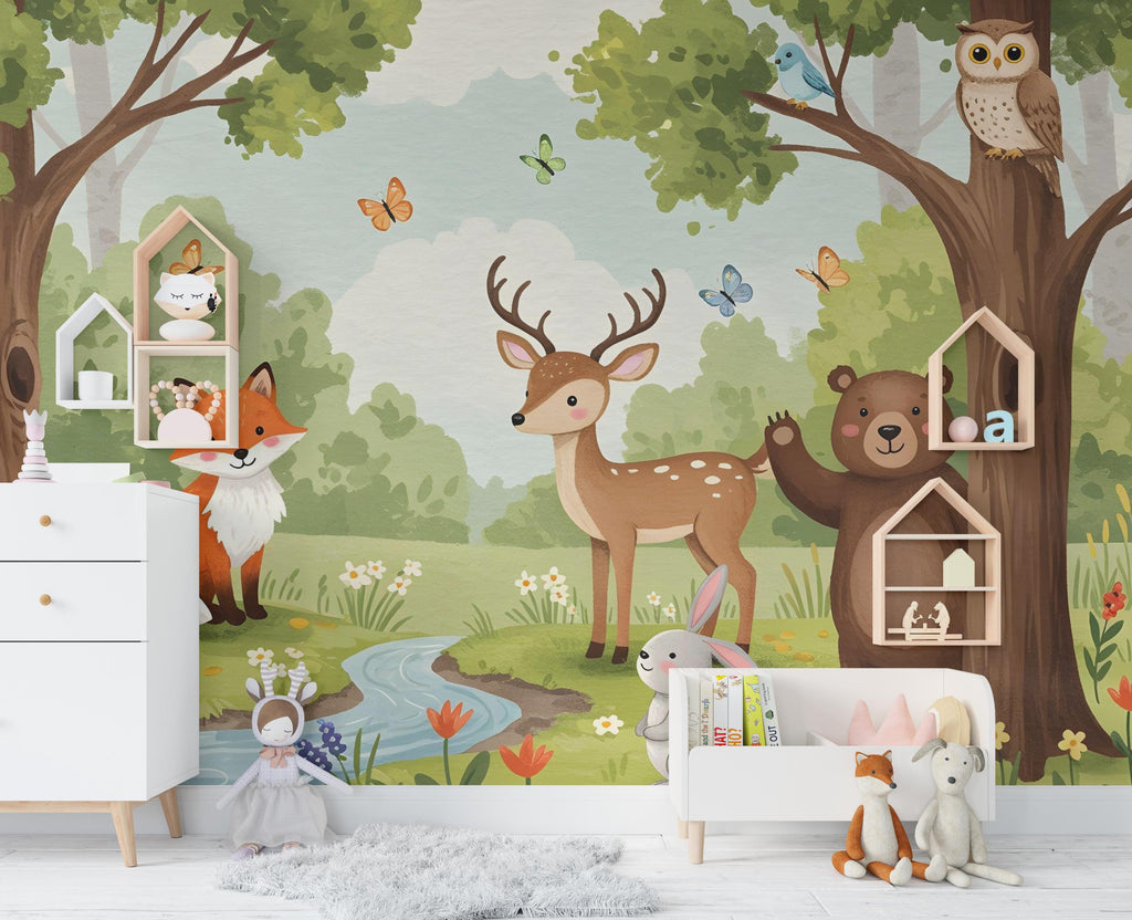 Forest Animals Wall Graphics Bear Fox Deer Peel and Stick Girl room Forest Wallpaper Nursery Self Adhesive Nursery wall decor Mural 595RS