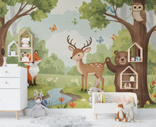 Load image into Gallery viewer, Forest Animals Wall Graphics Bear Fox Deer Peel and Stick Girl room Forest Wallpaper Nursery Self Adhesive Nursery wall decor Mural 595RS
