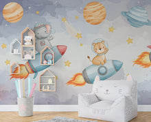 Load image into Gallery viewer, Space Lion on Rocket Wall Decal | Elephant Space Wall Mural | Outer Space Wallpaper | Stars and Planets Wall Art | Astronomy Room art 597RS