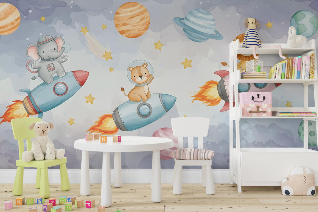 Space Lion on Rocket Wall Decal | Elephant Space Wall Mural | Outer Space Wallpaper | Stars and Planets Wall Art | Astronomy Room art 597RS