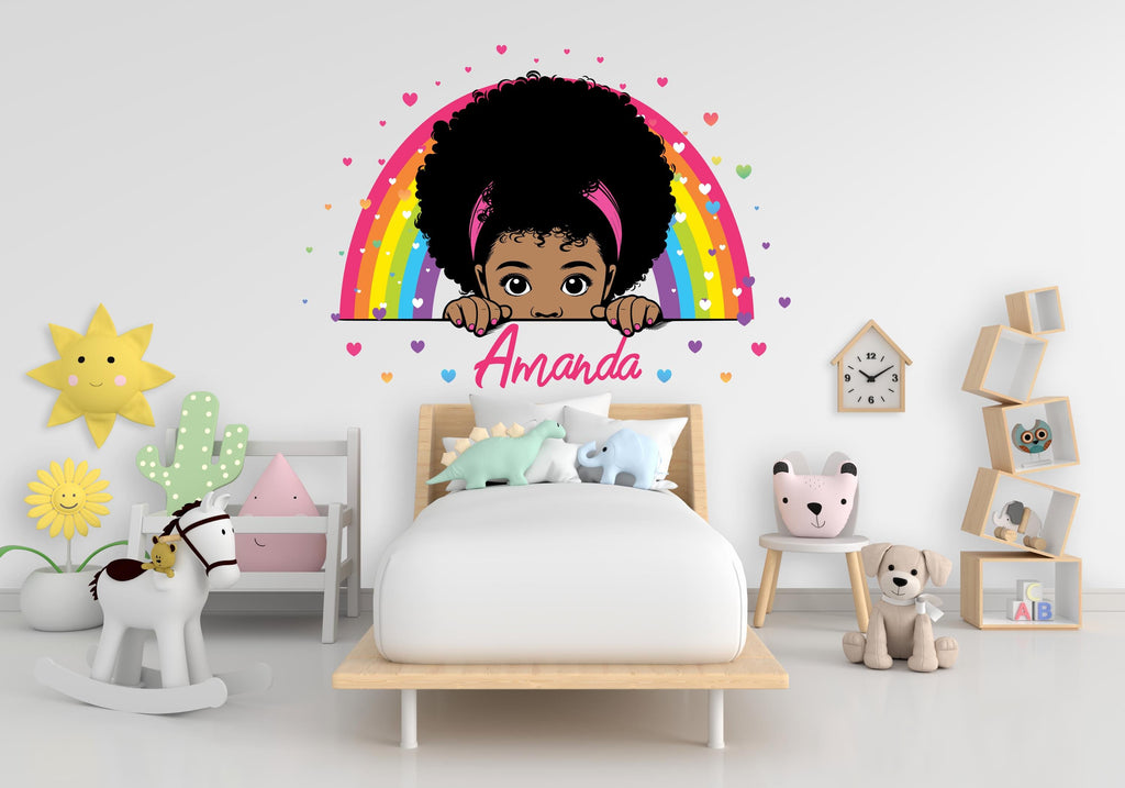 Personalized Afro Girl Rainbow Wall Decal, Custom Name Vinyl Art