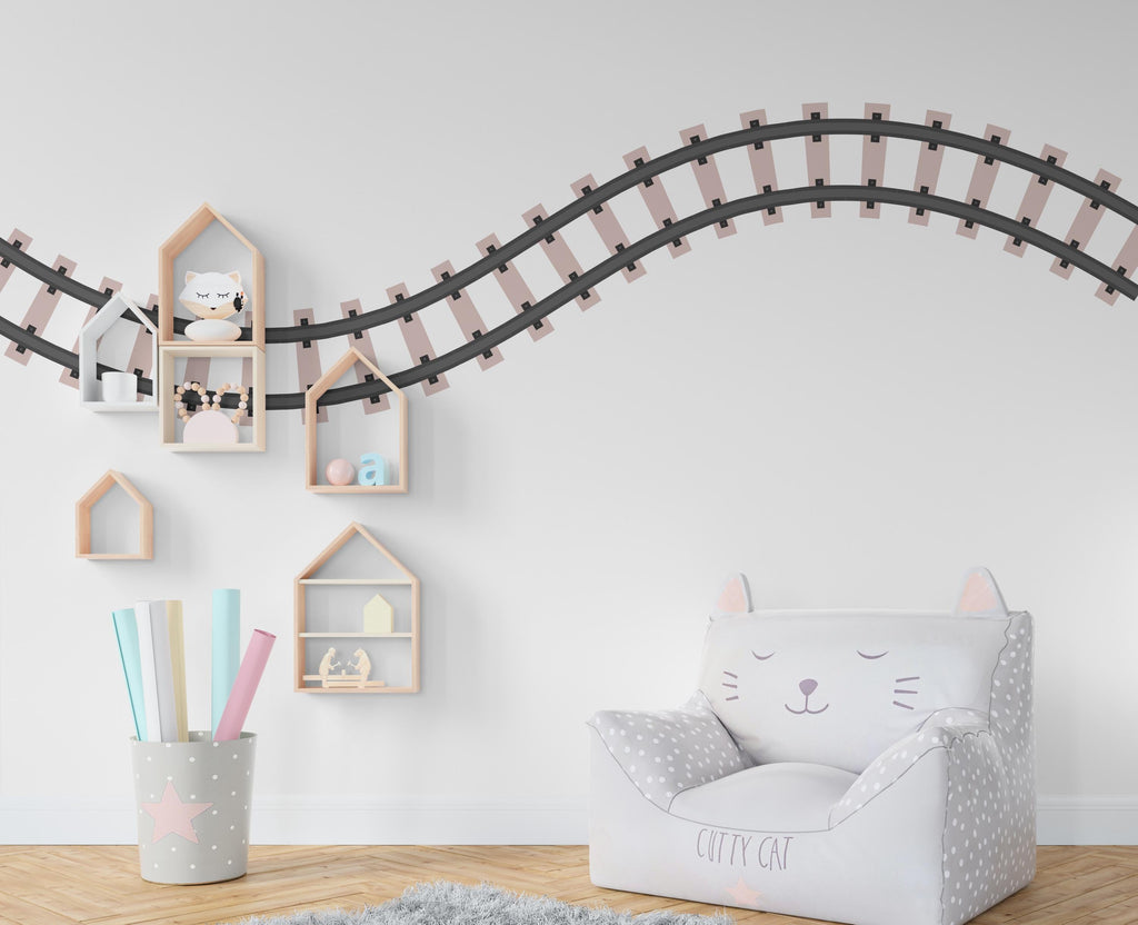 Railroad train Wall Decal Highway Vinyl Sticker Track Route Wall Decor Kids Playroom Boys Room Wall Art Train Bedroom Mural Sticker 606RS