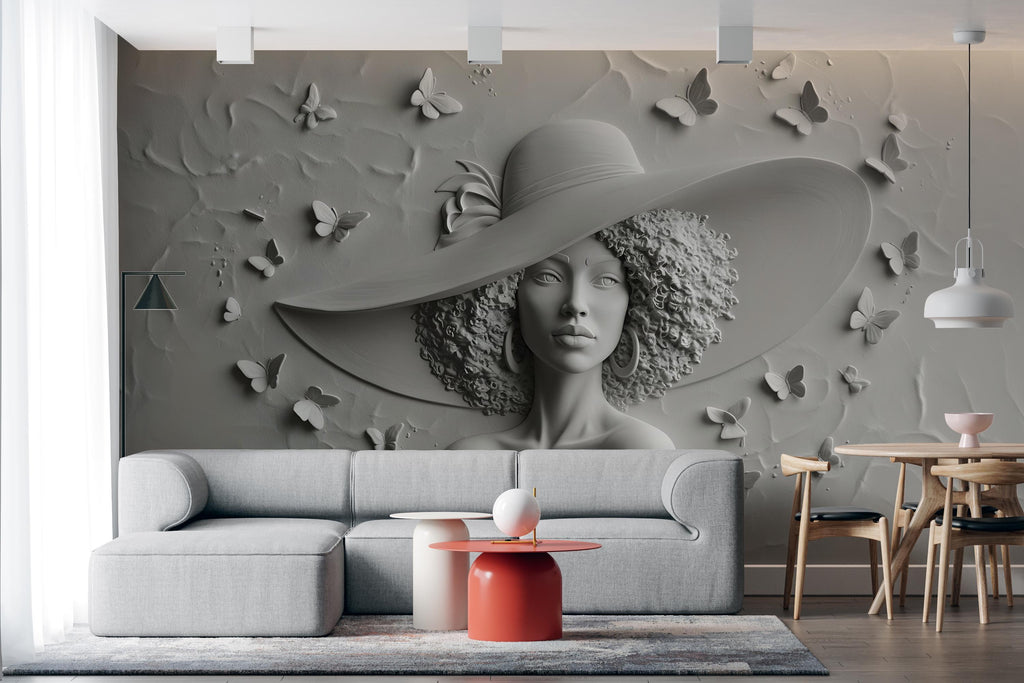 3D Textured Wall Mural – Woman in Sculptural Relief with Butterflies room Wallpaper nursery wall decor Mural 608RS
