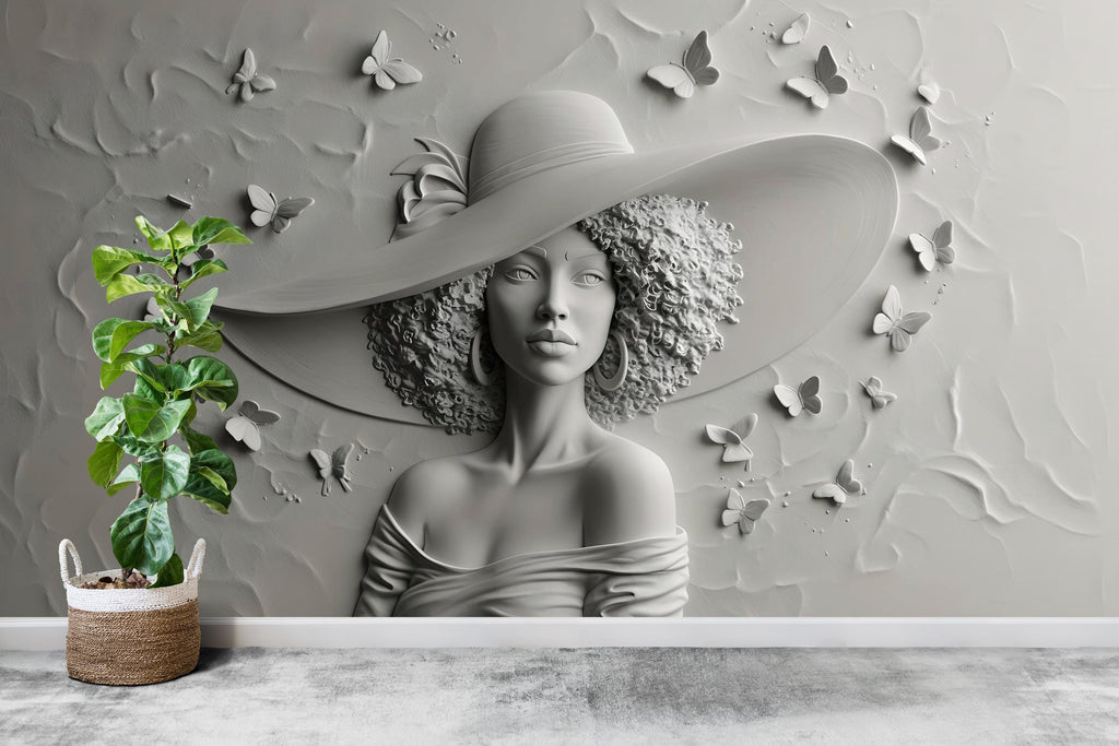 3D Textured Wall Mural – Woman in Sculptural Relief with Butterflies room Wallpaper nursery wall decor Mural 608RS