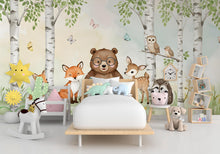 Load image into Gallery viewer, Bear Reading a book Wall Graphics Fox Peel and Stick Girl room Forest Wallpaper Nursery Self Adhesive Nursery wall decor Mural 574RS
