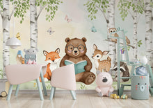 Load image into Gallery viewer, Bear Reading a book Wall Graphics Fox Peel and Stick Girl room Forest Wallpaper Nursery Self Adhesive Nursery wall decor Mural 574RS