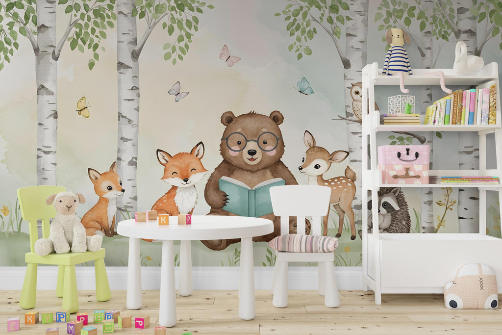 Bear Reading a book Wall Graphics Fox Peel and Stick Girl room Forest Wallpaper Nursery Self Adhesive Nursery wall decor Mural 574RS