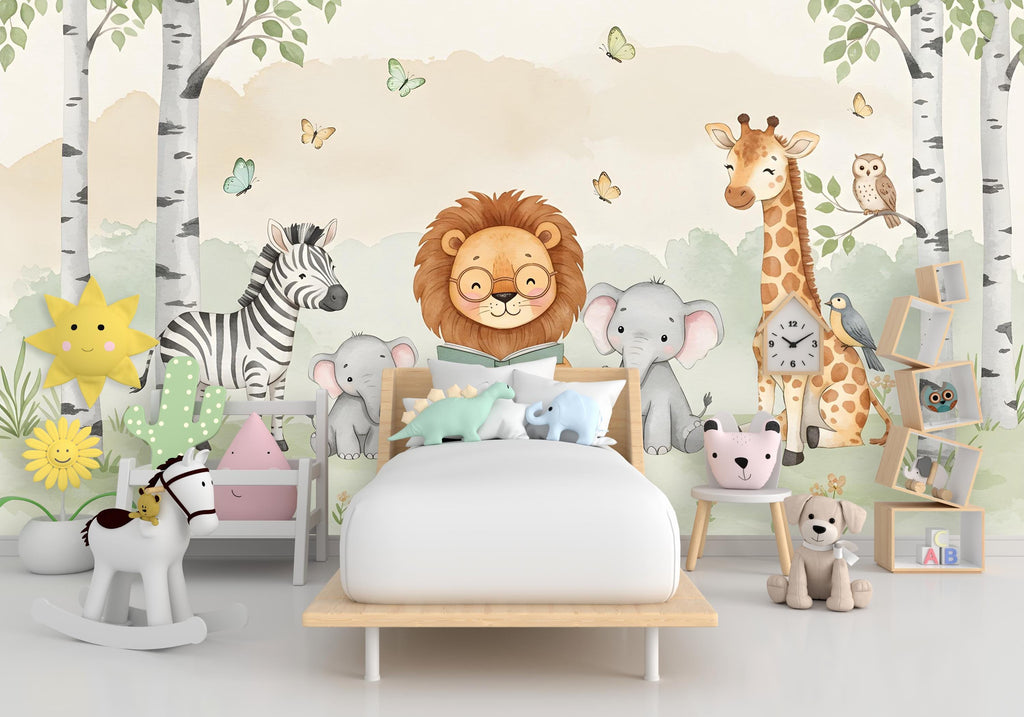 Lion Reading a book Wall Graphics Zebra Peel and Stick Elephant room Safari Wallpaper Nursery Giraffe Nursery wall decor Mural 575RS