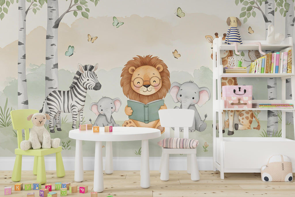 Lion Reading a book Wall Graphics Zebra Peel and Stick Elephant room Safari Wallpaper Nursery Giraffe Nursery wall decor Mural 575RS