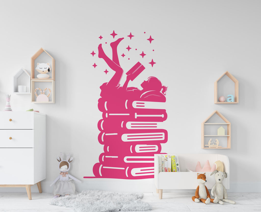 Girl Reading Book Library vinyl wall art decals, library wall decal, education decals, reading room, nurseries, school, kids gifts 611RS