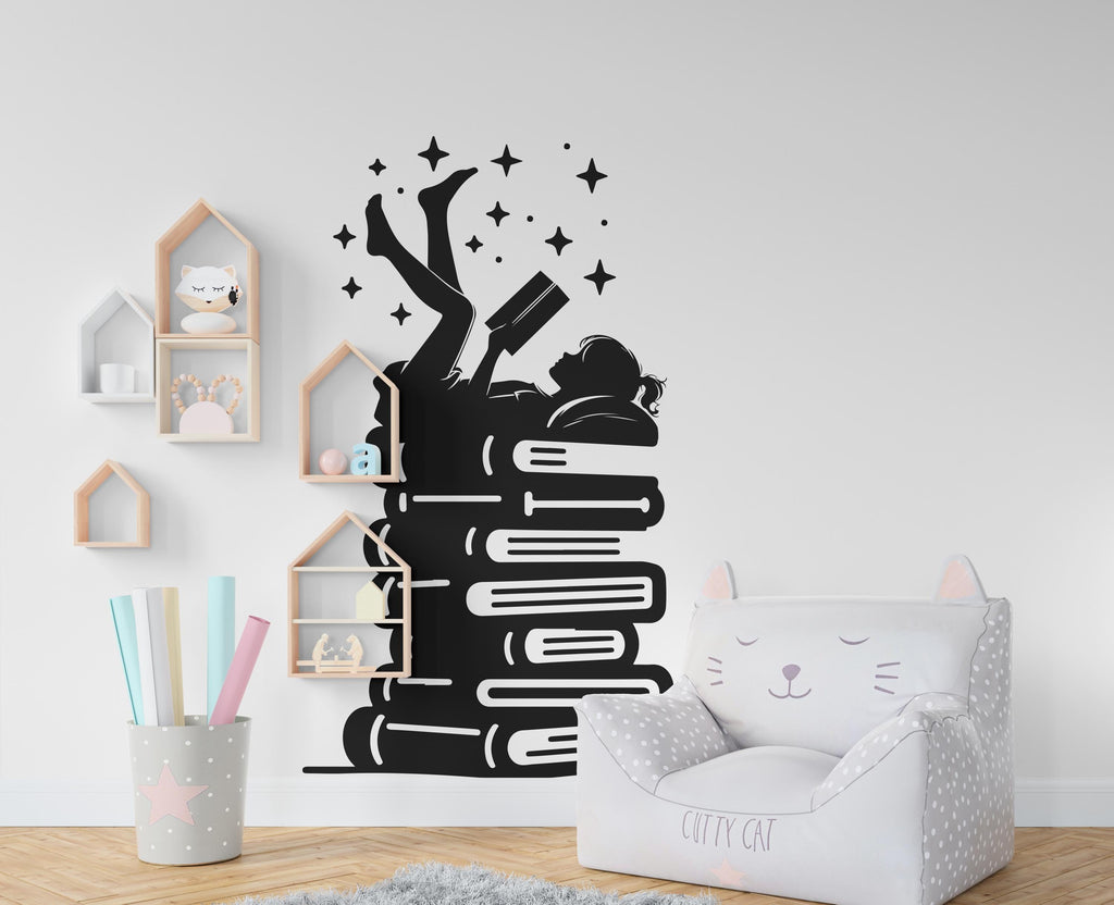 Girl Reading Book Library vinyl wall art decals, library wall decal, education decals, reading room, nurseries, school, kids gifts 611RS