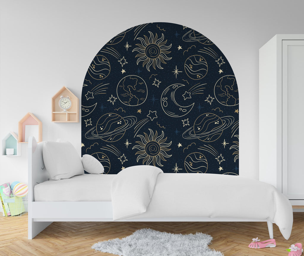 Space-Themed Wall Arch Decal - Planets, Sun, Stars & Night Sky Decor - Cosmic Home Decor for Kids, Bedroom, Nursery - Headboard Decor 615LU