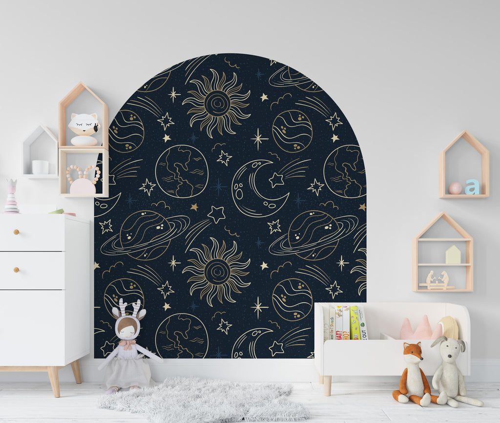 Space-Themed Wall Arch Decal - Planets, Sun, Stars & Night Sky Decor - Cosmic Home Decor for Kids, Bedroom, Nursery - Headboard Decor 615LU