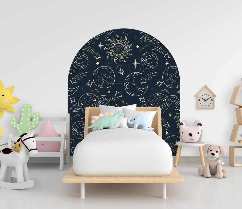 Space-Themed Wall Arch Decal - Planets, Sun, Stars & Night Sky Decor - Cosmic Home Decor for Kids, Bedroom, Nursery - Headboard Decor 615LU