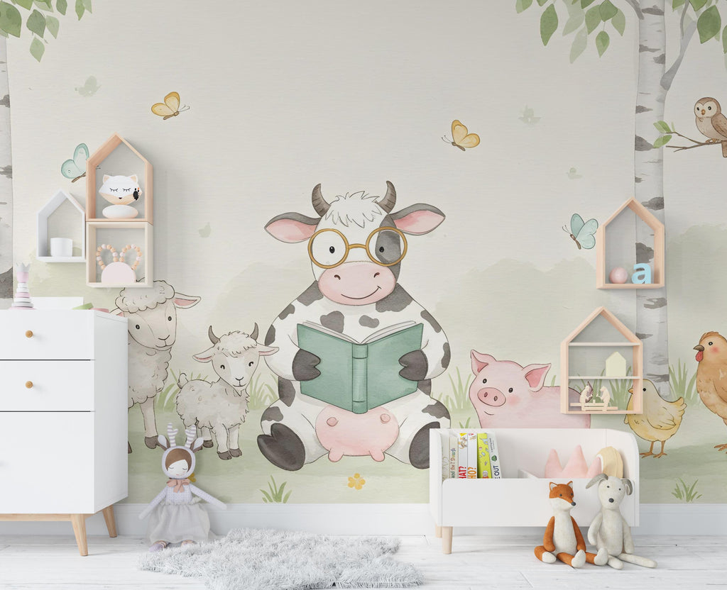 Cow Reading a book Wall Graphics Farm Animal Peel and Stick Goat Sheep Pig Animals room Farm Wallpaper Nursery wall decor Mural 576RS