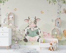 Load image into Gallery viewer, Cow Reading a book Wall Graphics Farm Animal Peel and Stick Goat Sheep Pig Animals room Farm Wallpaper Nursery wall decor Mural 576RS