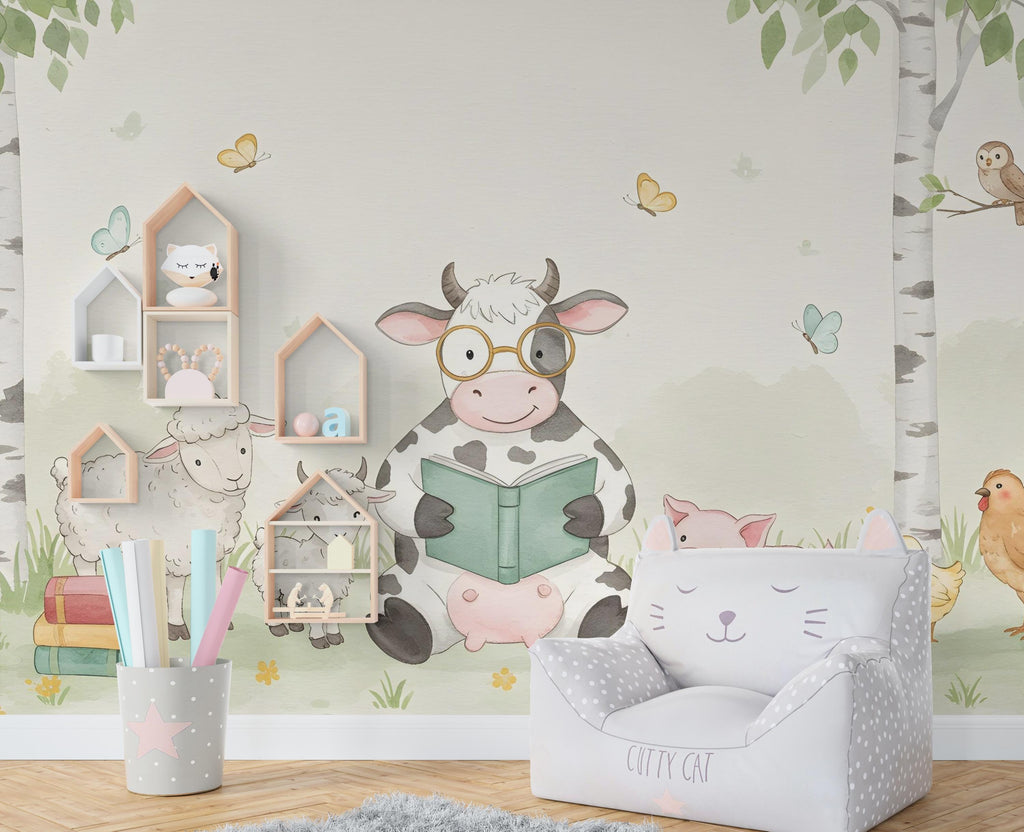 Cow Reading a book Wall Graphics Farm Animal Peel and Stick Goat Sheep Pig Animals room Farm Wallpaper Nursery wall decor Mural 576RS