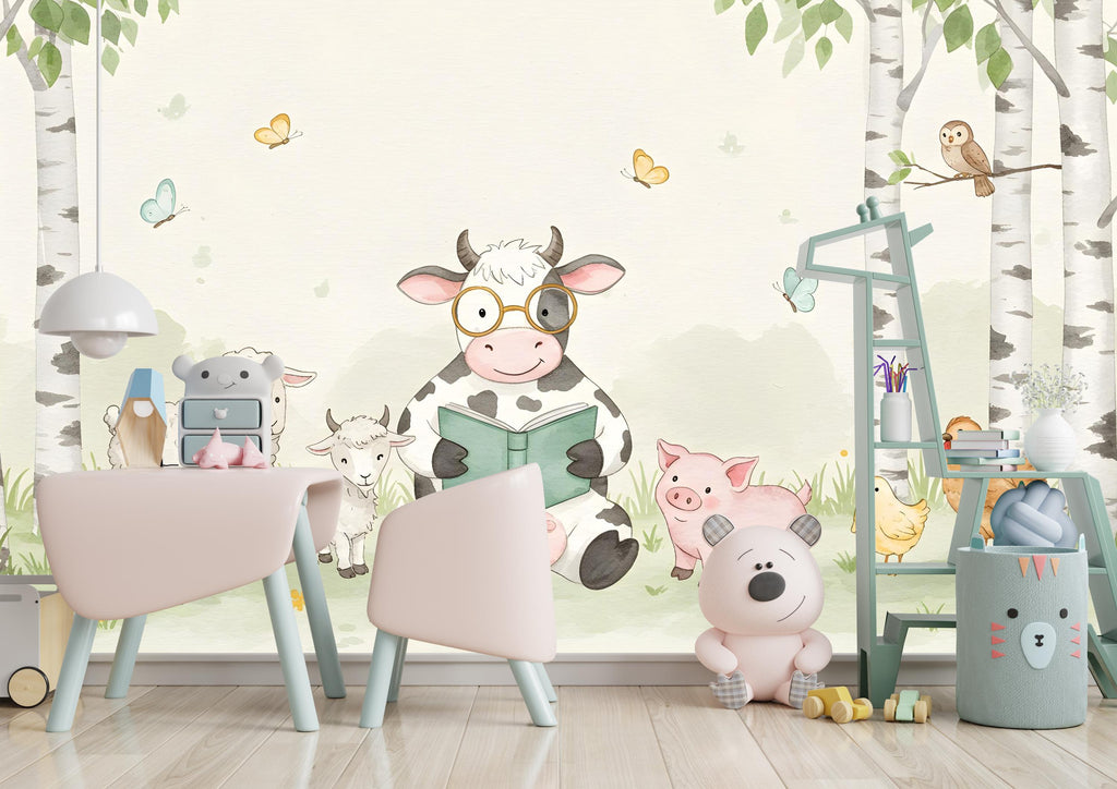 Cow Reading a book Wall Graphics Farm Animal Peel and Stick Goat Sheep Pig Animals room Farm Wallpaper Nursery wall decor Mural 576RS
