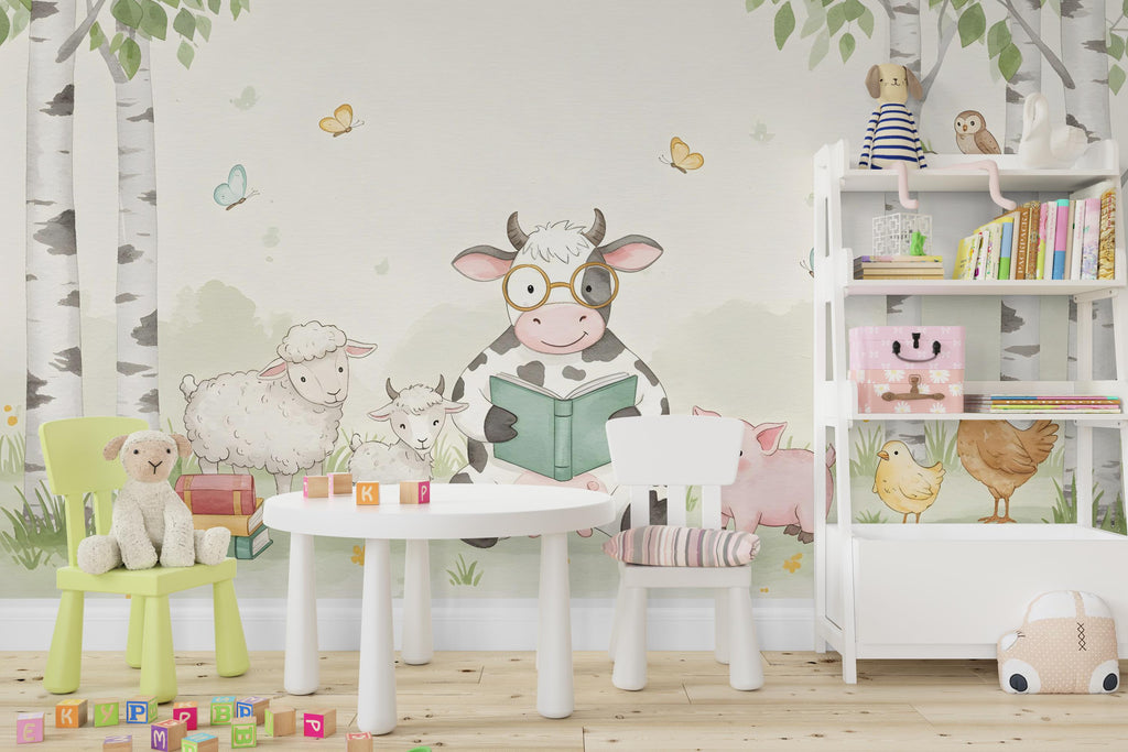 Cow Reading a book Wall Graphics Farm Animal Peel and Stick Goat Sheep Pig Animals room Farm Wallpaper Nursery wall decor Mural 576RS
