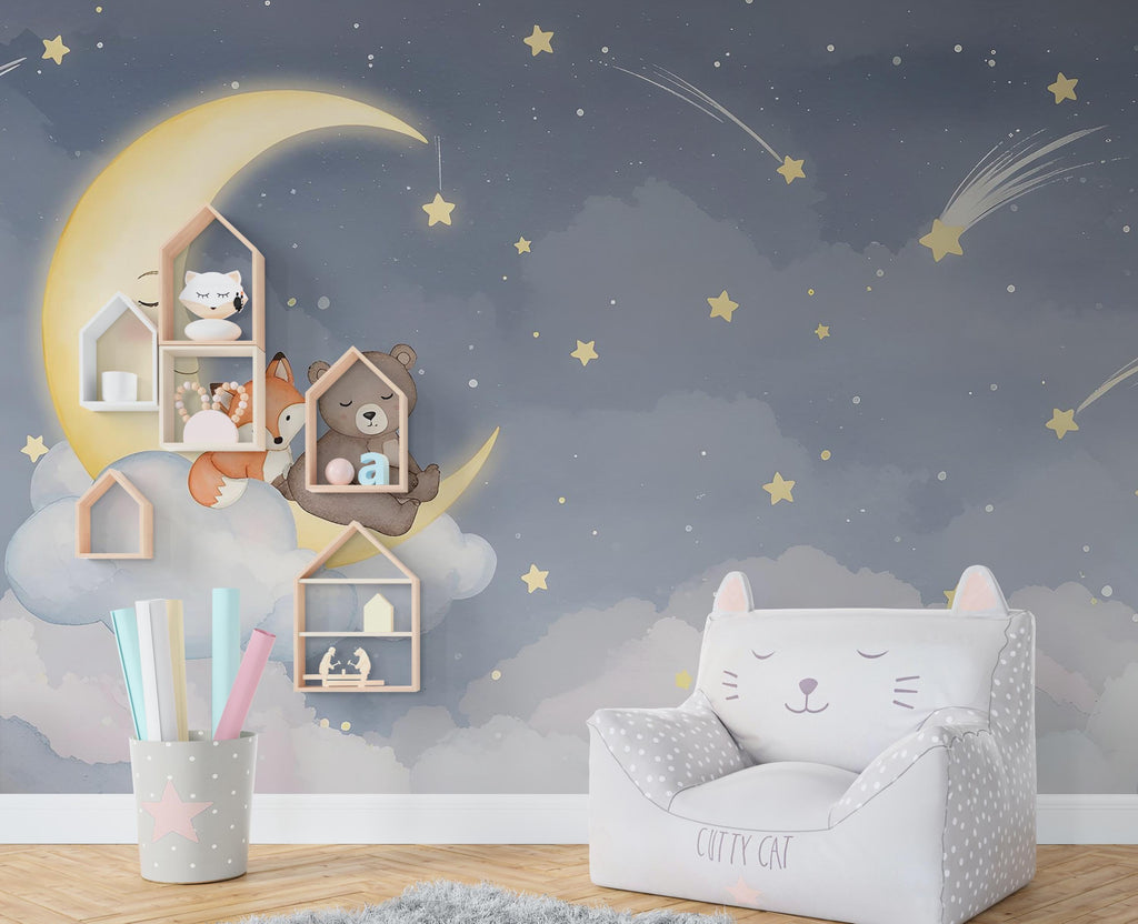 Bear and Fox on Moon Wall Graphics Farm Animal Peel and Stick Bear Animals room Fox Wallpaper Nursery wall decor Mural 577RS