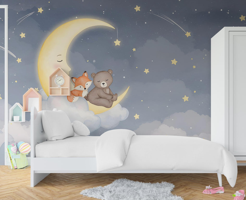 Bear and Fox on Moon Wall Graphics Farm Animal Peel and Stick Bear Animals room Fox Wallpaper Nursery wall decor Mural 577RS