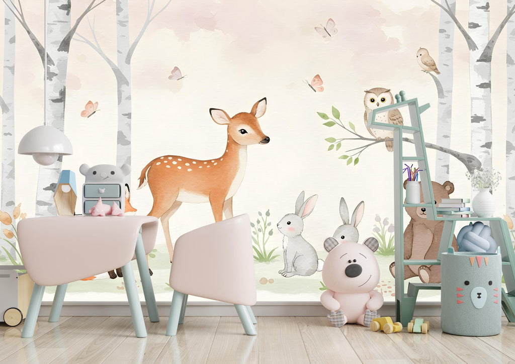 Forest Animals Wall Graphics Bear Fox Deer Peel and Stick Girl room Forest Wallpaper Nursery Self Adhesive Nursery wall decor Mural 578RS