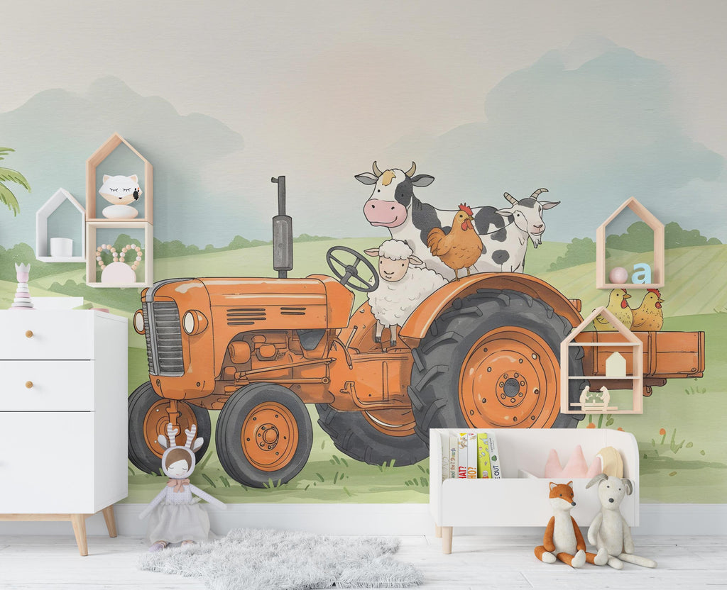 Farm Animals on Tractor Wall Graphics Farm Animal Peel and Stick Goat Sheep Pig Animals room Farm Wallpaper Nursery wall decor Mural 580RS