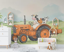 Load image into Gallery viewer, Farm Animals on Tractor Wall Graphics Farm Animal Peel and Stick Goat Sheep Pig Animals room Farm Wallpaper Nursery wall decor Mural 580RS