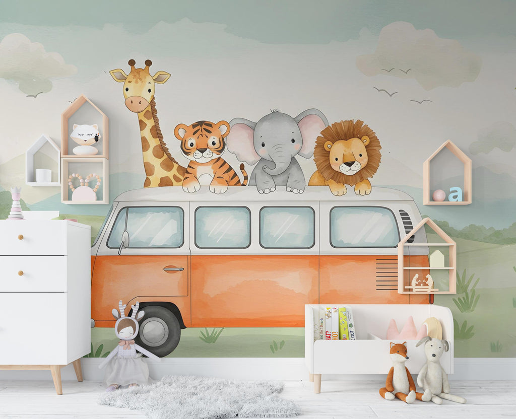 Safari Animals on the Bus Wallpaper, Nursery and Kids Room Mural Decor, Elephant and Giraffe Watercolor Wallpaper, Lion, Tiger Jungle 581RS