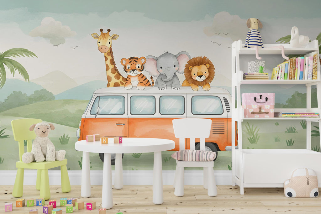 Safari Animals on the Bus Wallpaper, Nursery and Kids Room Mural Decor, Elephant and Giraffe Watercolor Wallpaper, Lion, Tiger Jungle 581RS