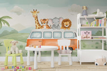 Load image into Gallery viewer, Safari Animals on the Bus Wallpaper, Nursery and Kids Room Mural Decor, Elephant and Giraffe Watercolor Wallpaper, Lion, Tiger Jungle 581RS