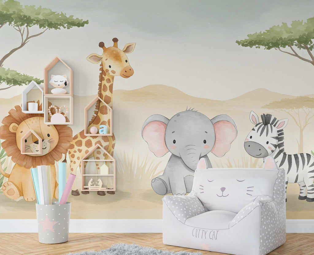 Safari Animals Wallpaper, Lion Giraffe Nursery and Kids Room Mural Decor, Elephant and Giraffe Watercolor Wallpaper, Lion, zebra art 614RS
