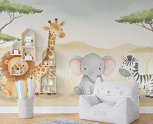 Load image into Gallery viewer, Safari Animals Wallpaper, Lion Giraffe Nursery and Kids Room Mural Decor, Elephant and Giraffe Watercolor Wallpaper, Lion, zebra art 614RS