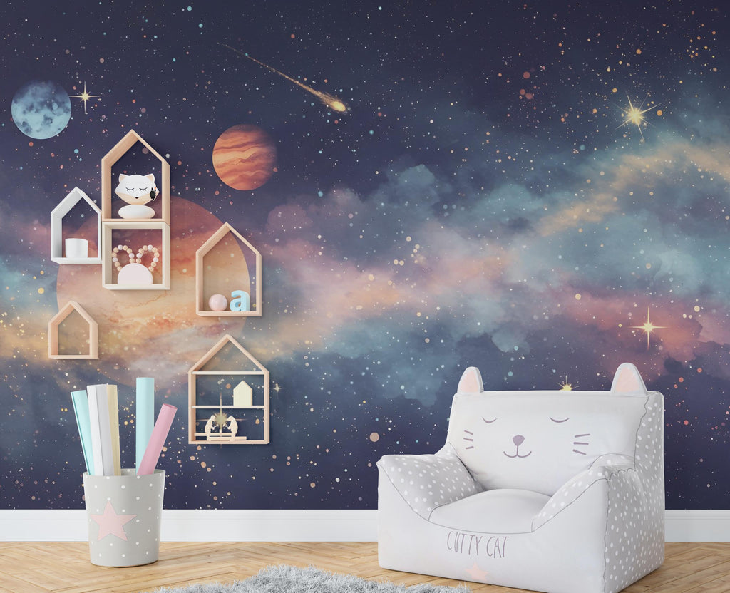 Space Wall Decal | Galaxy Wall Mural | Outer Space Wallpaper | Celestial Stars and Planets Wall Art | Astronomy Room Decor 582RS