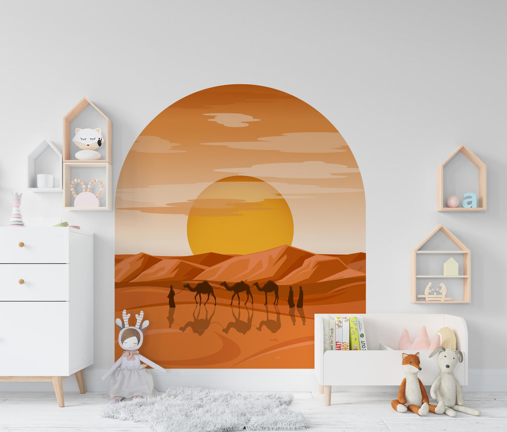 Desert Sunset Wall Arch Decal, Camels Desert Sun, Tranquil Desert Landscape | Earth Tone Home Decor, Headboard Decor, Wall Arch Decal 618LU