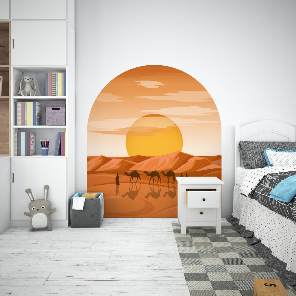 Desert Sunset Wall Arch Decal, Camels Desert Sun, Tranquil Desert Landscape | Earth Tone Home Decor, Headboard Decor, Wall Arch Decal 618LU